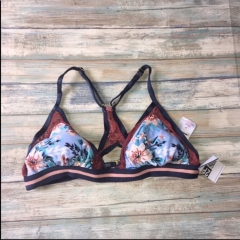 Xhilaration Floral Bikini Top Medium Blue Red Triangle Swim Top Contrast Trim - Picture 2 of 5